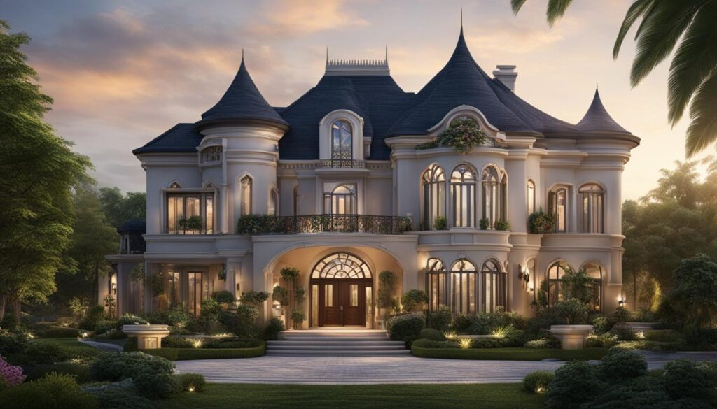 custom-built turreted mansion