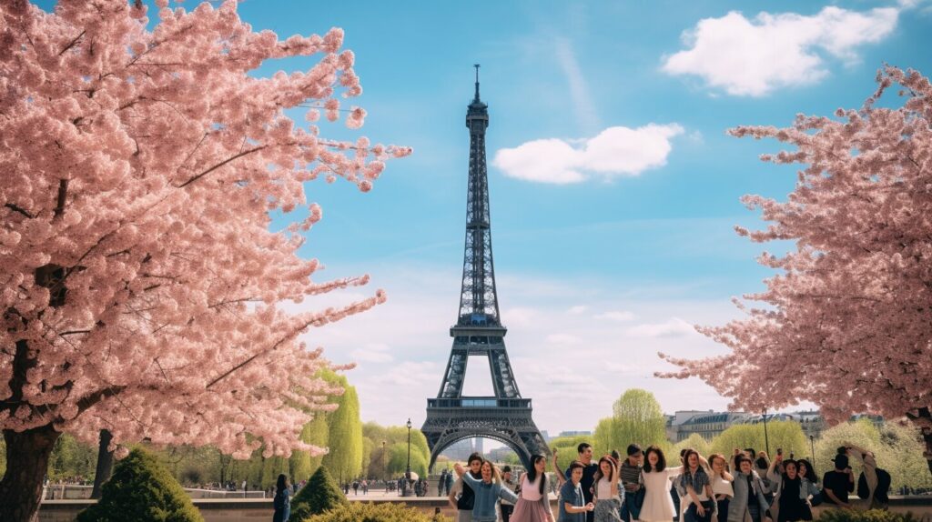 Tourists enjoying a beautiful view of the Eiffel Tower